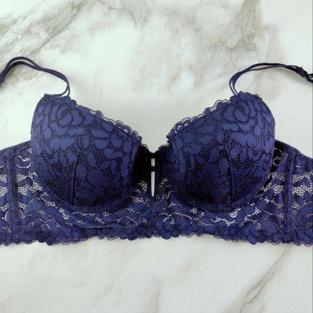 EUC Undiz Navy Blue Lace Push Up Balconette Bustier Bra, Sz 34C